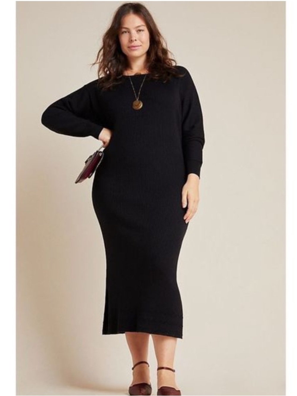 Anthropologie Shea Black Ribbed Knit Sweater Midi Dress Sz Small